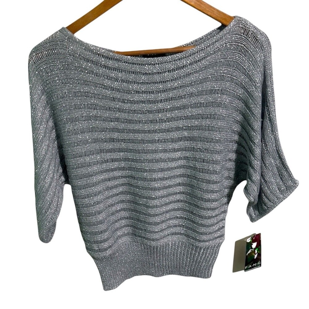 FANG Sweater Top XL Metallic Batwing Silver Dolman Knit Sparkle NWT